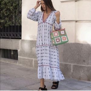 Zara Cutwork Blue Embroidery Long Sleeve Dress XS